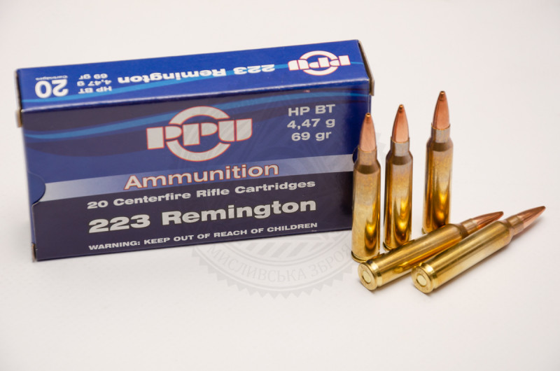 Патрон PPU .223 Rem (5,56×45), пуля HP BT 4,45 г (69 grain), нач. скорость 965 м/с