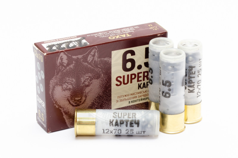 Патрон Тахо Super 25 шт. контейнер, калібр 12/70, картеч 6,5 мм, наважка 39 г